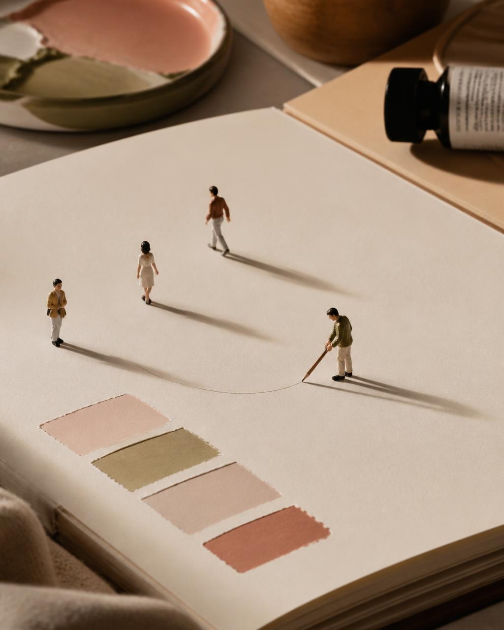 Miniature figures walking across a sketchbook page beside blush, olive and terracotta paint swatches