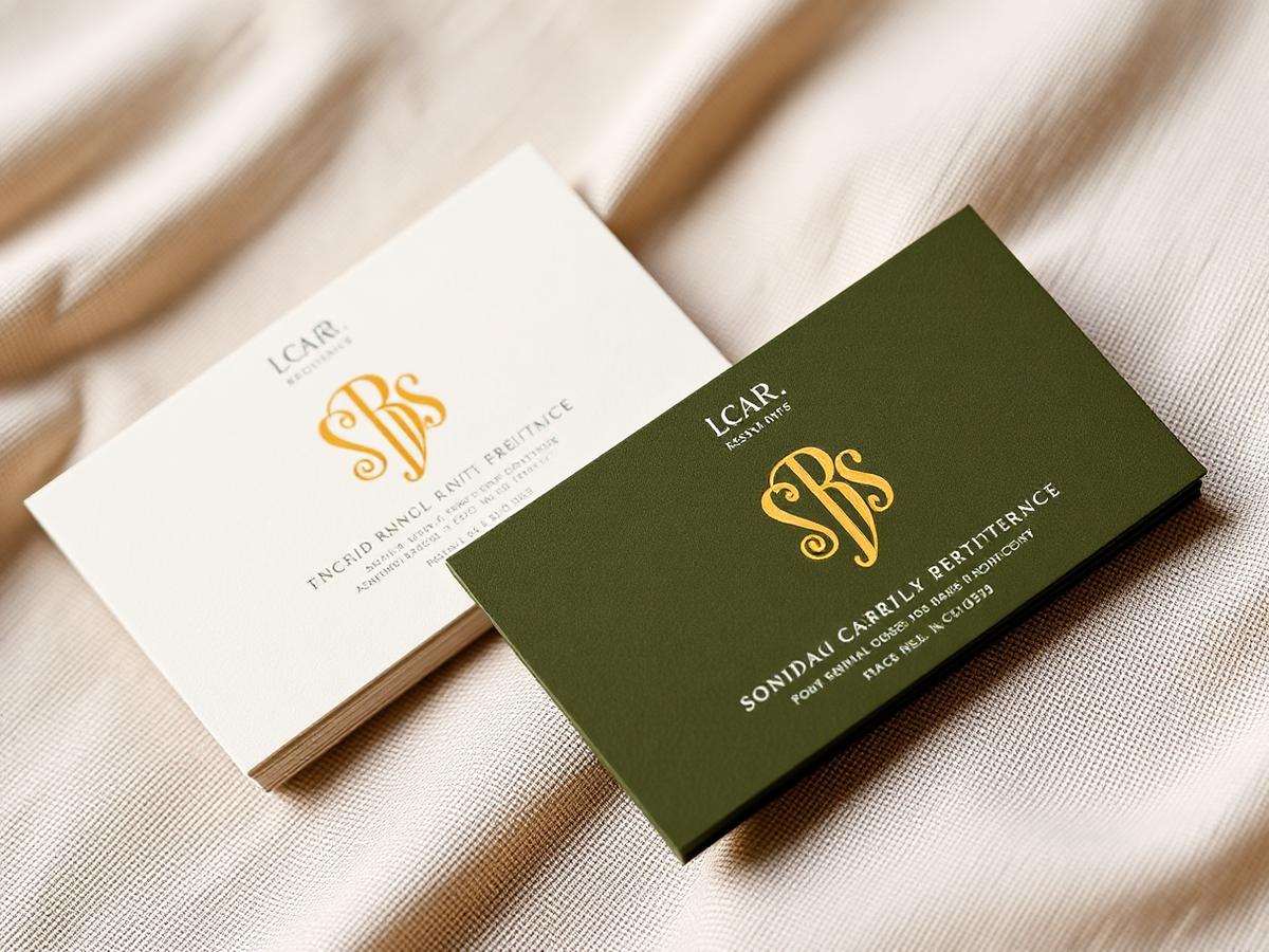 Restaurant business card design in olive and gold