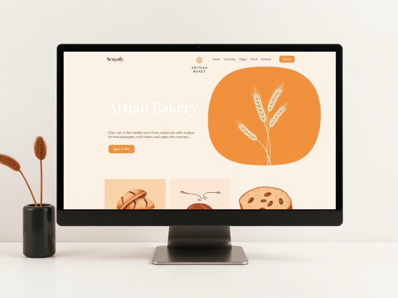 Artisan bakery website template design shown on a monitor