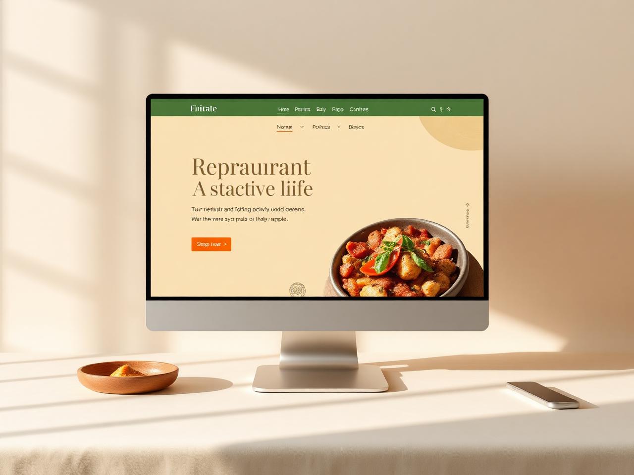 Restaurant website template design shown on a desktop monitor